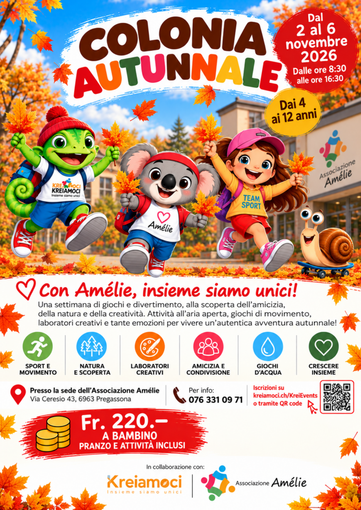 Colonia autunnale 2026 Lugano – Kreiamoci e Associazione Amélie, dal 2 al 6 novembre a Pregassona